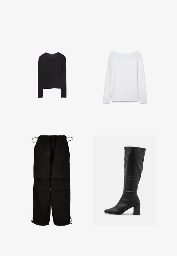 Stradivarius LONG SLEEVE - Strickjacke - black; Langärmliges weißes Hemd mit weitem Ausschnitt, aus weichem Stoff. Sanfte Textur, gerader Saum und keine sichtbaren Beschläge oder Muster.; Schwarze Hose aus leichtem Material, mit verstellbarem Bund und Kordelzug am Saum. Entworfen mit einer lockeren, oversized Passform und mehreren Taschen.; RAID BLICK - Stiefel - black