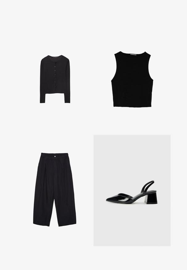 Stradivarius LONG SLEEVE - Kardigán - black; Čierny bezrukávový crop top vyrobený z hladkej tkaniny, so zaobleným výstrihom a čistým, jednoduchým dizajnom bez vzorov alebo kovania.; Čierne polyesterové culotte nohavice s elastickým pásom, dvoma prednými záhybmi a voľným strihom. Žiadne viditeľné vzory ani detaily z kovu.; Čierne lakované kožené sandálové podpätky s špicatou špičkou a geometrickým blokovým podpätkom. Disponujú elegantným, minimalistickým dizajnom a hladkým povrchom.