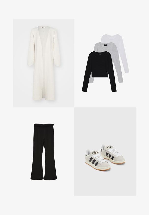 ONLY ONLALPHA MAXI CARDIGAN - Kardigán - pumice stone melange; Tričko s dlhým rukávom v troch farbách: čiernej, sivej a bielej. Každé má okrúhly výstrih a skrátený strih vyrobený z hladkej, ľahkej tkaniny.; Čierne legíny s flared strihom vyrobené z elastického materiálu. Majú široký pás a hladkú textúru, s priliehavým siluetom, ktorý sa na okraji rozširuje.; Sivé semišové tenisky s bielymi šnúrkami, čiernymi pruhmi a bielou gumovou podrážkou. Obsahujú okrúhly logo na jazyku a gumenú podrážku.