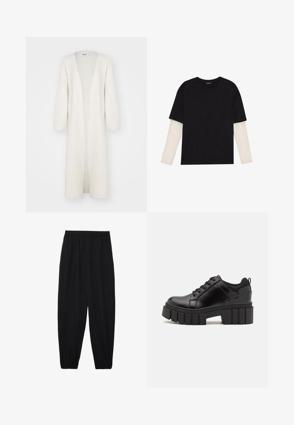 ONLY ONLALPHA MAXI CARDIGAN - Vesta na kopčanje - pumice stone melange; Crni majica od pamuka, s kratkim rukavima preko bijele dugorukave slojevite s suptilnim teksturiranim uzorkom. Dizajn s okruglim izrezom.; Crne, lagane hlače s elastičnom stražnjom pasicom i naboranim gležnjevima. Tkanina je glatka i ima opušteni, suženi dizajn.; Crne kožne platforme s debelim blok-peta, okruglim prstima i klasičnim dizajnom vezanja. Imaju gladak tekstur i minimalne detalje.