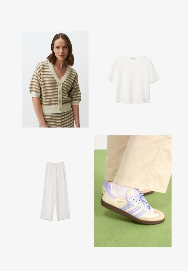 Gestreifter Cardigan in Beige und Creme, mit V-Ausschnitt, kurzen Ärmeln und Knopfverschluss. Strick mit strukturierter Textur und geripptem Saum und Bündchen.; Weißes T-Shirt mit kurzen Ärmeln aus Baumwolle. Hat einen Rundhalsausschnitt und eine lockere Passform. Glatte Textur ohne sichtbare Muster oder Akzente.; Weiße weit geschnittene Hose aus leichtem Stoff. Mit einem elastischen Bund und Kordelzug sowie Seitentaschen. Glatte Textur.; Cremefarbene und lavendelfarbene Sneakers mit drei Streifen und einer strukturierten braunen Sohle, ausgestattet mit Schnürsenkeln und einer gepolsterten Ferse. Obermaterial aus weichem Stoff.