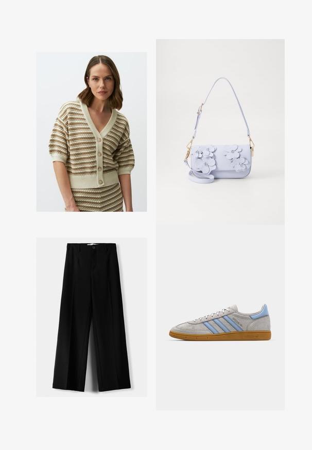 Paski kardigan w beżowo-kremowym kolorze, z dekoltem w kształcie litery V, krótkimi rękawami i zapięciem na guziki. Teksturowany splot z prążkowanym dołem i mankietami.; Dwa bezrękawnikowe golfy w kolorze czarnym i białym, charakteryzujące się dopasowanym fasonem i gładką teksturą, o skróconej długości.; Czarne spodnie szerokie, wykonane z lekkiego materiału, z zapięciem na guzik z przodu i gładkim przodem, z starannie wykończonymi brzegami.; Szare zamszowe sneakersy z jasnoniebieskimi paskami, gumową podeszwą i akcentami logo. Niskoprofilowy design z okrągłym noskiem i sznurowanym zapięciem.; ALDO - Torebka