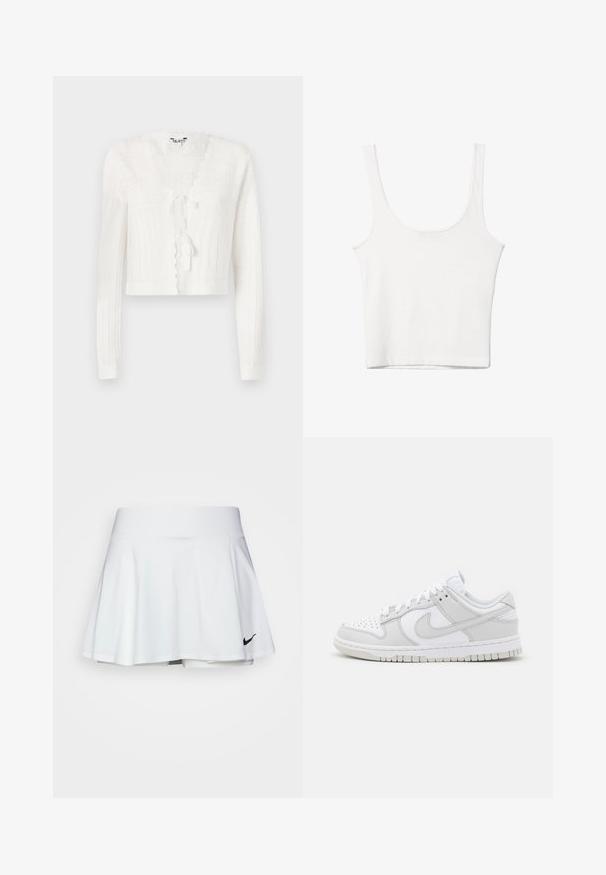 White cropped cardigan with ribbed texture, scalloped edges, and front tie closure. Features intricate knit patterns on upper section.; White cotton tank top with a scooped neckline, no sleeves, and a fitted shape. Smooth texture, plain design, and minimal stitching details.; White athletic skirt with a flared design, elastic waistband, and built-in shorts. Features a small black Nike logo on the bottom right.; White leather sneakers with grey accents, perforated toe, flat laces, cushioned collar, and a textured rubber sole.