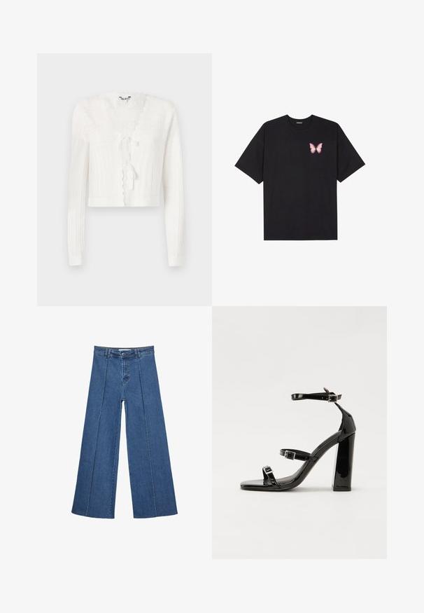 Hvid cropped cardigan med ribbet tekstur, bølgede kanter og lukning med forknude. Har intrikate strikmønstre på den øverste del.; Sort bomulds T-shirt med korte ærmer, prydet med en lille pink sommerfugl grafik på venstre bryst. Rund hals design med en afslappet pasform.; Bredde ben denim jeans i mellemblå, med høj talje, knaplukning og kontrasterende lodrette sømdetaljer foran.; Sorte patenterede hælsandaler med firkantet tå, ankelremme og sølvspænder. Har en chunky blokHæl for stabilitet.