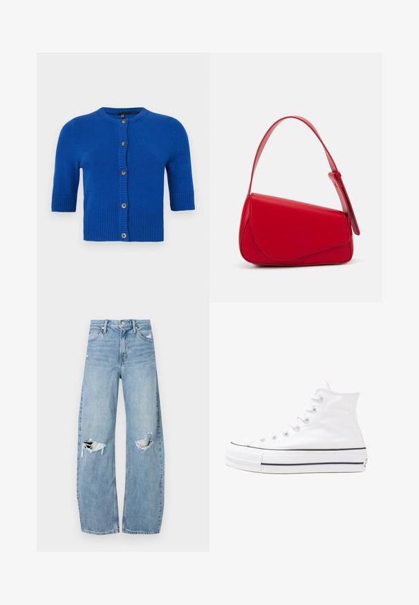 Μπλε κοντομάνικη ζακέτα από μαλακό πλεκτό υλικό, με ριμπ ύφανση στο τελείωμα, στρογγυλή λαιμόκοψη και κλείσιμο με κουμπιά σε αντίθεση.; Λουλουδάτη μπλούζα με μακριά φουσκωτά μανίκια, σε απαλό κρέμ χρώμα, που διαθέτει μωβ, πορτοκαλί και πράσινα λουλουδάτα μοτίβα, καθώς και κλασικό σχέδιο γιακά.; Ανοιχτόμπλε, ψηλόμεσα τζιν φτιαγμένα από τζιν ύφασμα. Διαθέτουν φαρδιές καμπάνες, δύο σκισμένα γόνατα και κλασικό στιλ πέντε τσεπών.; Λευκό ψηλό καμβαδάκι αθλητικό παπούτσι με μαύρη καουτσούκ σόλα, πρόσθιο καουτσούκ καλύμματος δακτύλου και έξι οπές για κορδόνια, με μια καθαρή και μίνιμαλ σχεδίαση.; Κόκκινη δερμάτινη τσάντα χειρός με γωνιακό, γεωμετρικό σχέδιο. Διαθέτει έναν ρυθμιζόμενο ιμάντα και κλείσιμο με καπάκι που έχει ραφές.