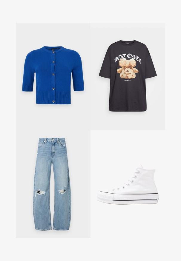 Cardigan bleu à manches courtes en doux tricot, avec un ourlet côtelé, un col rond et une fermeture à boutons avec des boutons contrastés.; T-shirt noir oversize avec un graphique d'un ours et le texte « PAS MIGNON MAIS SAUVAGE » en lettres blanches, en gras. Matériau en coton.; Jeans en denim bleu clair à taille haute. Présentent des jambes larges, deux zones déchirées aux genoux et un style classique à cinq poches.; Baskets montantes en toile blanche avec semelle en caoutchouc noir, capuchon en caoutchouc à l'avant, et six œillets pour les lacets, présentant un design épuré et minimaliste.