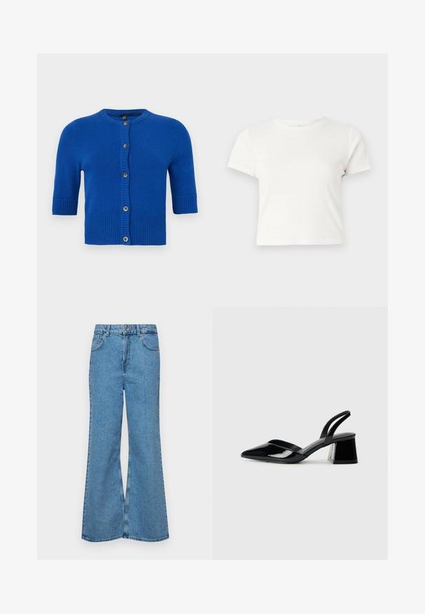 Short-sleeve blue cardigan made of soft knit material, featuring a ribbed hem, round neck, and button closure with contrasting buttons.; Short white t-shirt made of cotton with short sleeves, a round neckline, and a straight hem, featuring a smooth texture and minimal design.; Light blue flared jeans made of denim, featuring a high waist, five pockets, and a single button closure. Soft texture with faded finish.; Black patent leather slingback heels with a pointed toe and a geometric block heel. Features a sleek, minimal design and smooth texture.