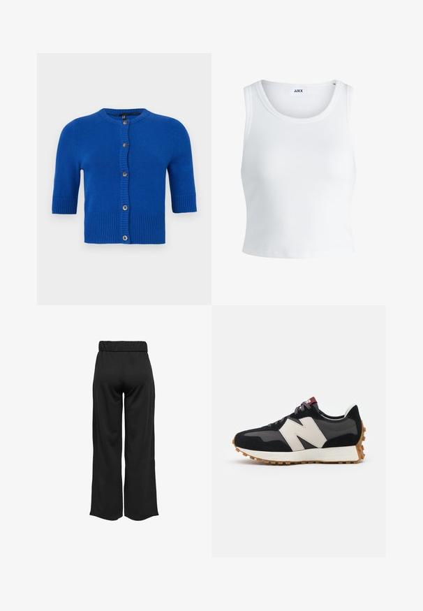 Short-sleeve blue cardigan made of soft knit material, featuring a ribbed hem, round neck, and button closure with contrasting buttons.; White ribbed tank top featuring a round neckline, sleeveless design, and a cropped length. Label reads "JJXX." Smooth fabric texture.; Black, wide-leg pants with an elastic waistband, made from smooth fabric. Features a clean design with no pockets or visible stitching details.; Black and gray suede sneaker with a large cream-colored "N" logo, purple laces, and a textured gum rubber outsole.