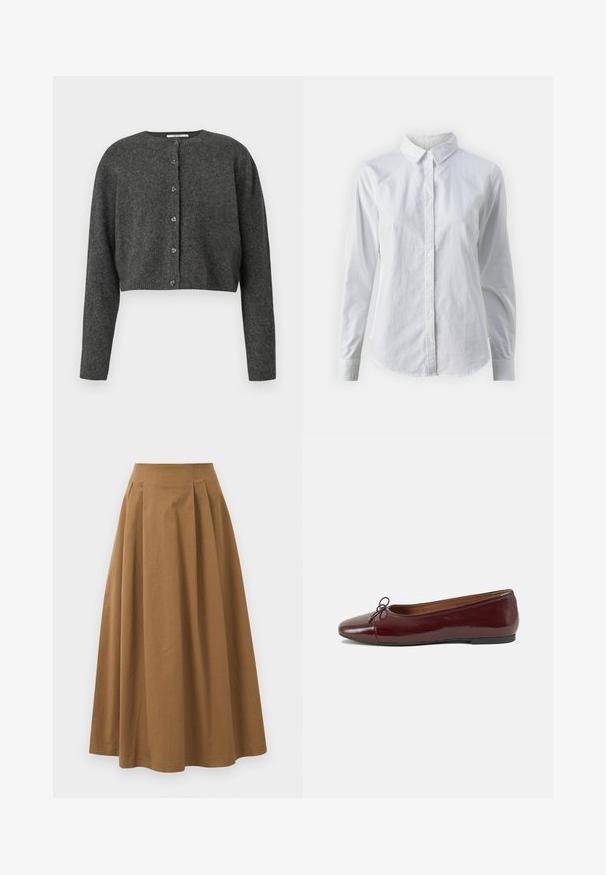 Uhlová krátka cardigan s okrúhlym krkom a šiestimi gombíkmi vpredu, dlhými rukávmi a jemnou pletenou textúrou.; Biela košeľa s gombíkmi vyrobená z hladkej bavlny, s klasickým golierom, dlhými rukávmi a zakriveným lemom. Gombíky sú malé a biele.; Hnedá bavlnená sukňa A-línie s vysokým pásom, so skladmi vpredu a hladkou textúrou. Hranice sú čisté a jednoduché.; Burgundské lakované balerínky s okrúhlou špičkou, malou mašľou na prednej strane a nízkou čiernou gumovou podrážkou. Hladký povrch.