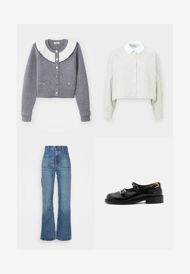 Sivi kardigan s nabranim bijelim ovratnikom, dugmadi sprijeda, s dva prednja džepa i rebrastim manžetama i rubom.; Skraćena košulja s dugim rukavima u svijetlozelenom i bijelom kariranom uzorku. Ima bijeli ovratnik i dugih rukava s dugmadi na manžetama. Mekani materijal.; Traperice visokog struka u plavoj boji s proširenim nogavicama, dva prednja džepa i dva stražnja džepa; teksturirana tkanina s izgužvanim izgledom.; Crne kožne cipele s brogue detaljima, koje imaju dva remena sa kopčama, okrugli vrh i niski potplat. Glatka tekstura s sjajnim završetkom.