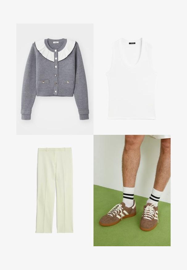 Šedý kardigan s skládacím bílým límcem, zapínáním na knoflíky, dvěma předními kapsami a žebrovanými manžetami a lemem.; Bílý bezramínkový top s kulatým výstřihem, vyrobený z žebrovaného materiálu; jednoduchý design bez vzorů nebo ozdob.; Krémové rafinované kalhoty se střihovými nohavicemi, s plochým předním dílem, poutky na opasek a hladkým povrchem.; Hnědé semišové tenisky s bílými akcenty a tkaničkami. Gumová podrážka. Nošeny s bílými ponožkami s černými pruhy. Zelená strukturovaná podlaha.