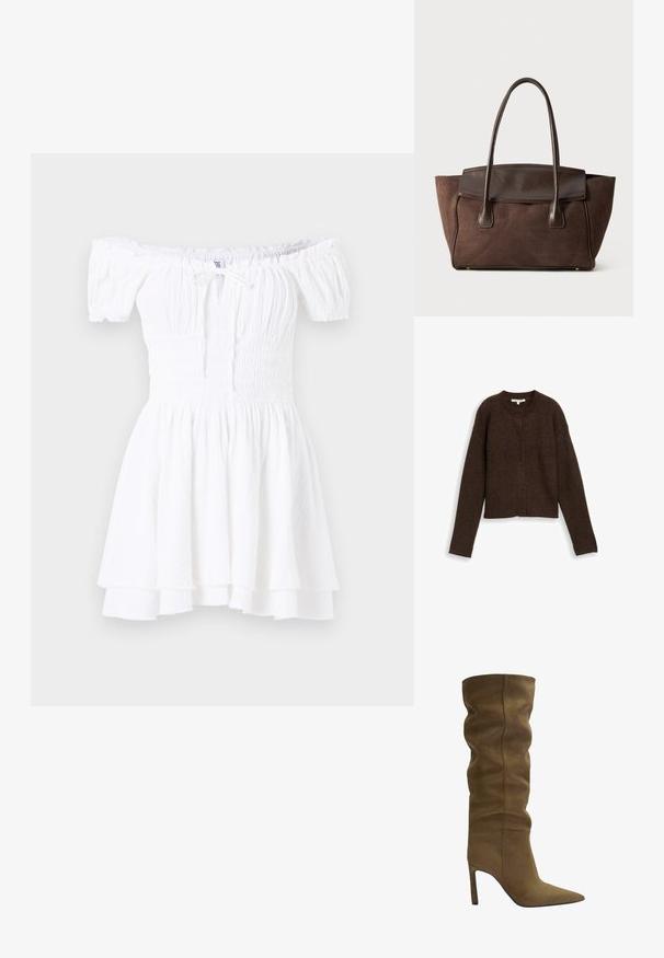 Brązowy kardigan z prążkowanej tkaniny, z okrągłym dekoltem, długimi rękawami i pięcioma guzikami z przodu. Miękka tekstura i krótki fason.; Biała sukienka na ramiączkach z marszczonym topem, krótkimi bufkami i warstwowym falbaniastym dołem. Wykonana z lekkiej, teksturowanej tkaniny.; Zielony zamszowy botek do kolan z ostrym nosem, z luźną cholewką i obcasem w kształcie szpilki, z widocznymi detalami przeszyć.; Brązowa zamszowa torba tote o wyrafinowanej konstrukcji, gładkie skórzane akcenty, wydłużone uchwyty i subtelne kontrastowe przeszycia.