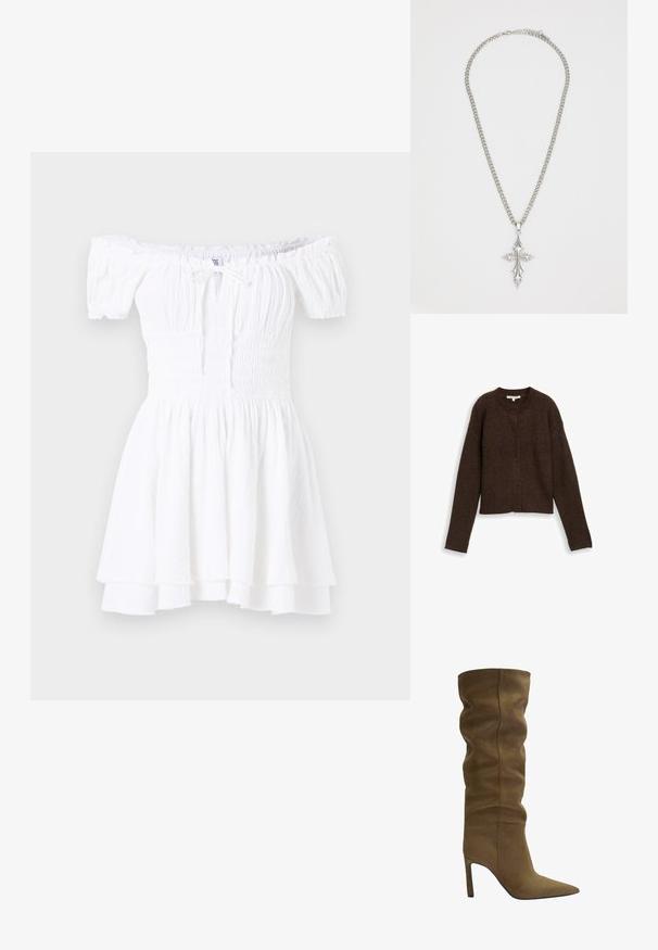 Ruskea ribattava neuletakki, jossa on pyöreä pääntie, pitkät hihat ja viisi nappia edessä. Pehmeä rakenne ja lyhyt malli.; Valkoinen hartiat paljastava mekko, jossa on rypytetty yläosa, lyhyet puffihihat ja kerroksittainen volangareuna. Valmistettu kevyestä, teksturoidusta kankaasta.; Knee-high saapas oliivi vihreä mokka, jossa on terävä kärki, löysä yläosa ja stiletto-korko, jossa on näkyviä ompeluyksityiskohtia.; Hopeaketju, jossa on suuri, koristeellinen ristikoru, jossa on terävät accentit ja kiiltävä pinta. Ketju on paksu ja litteä.