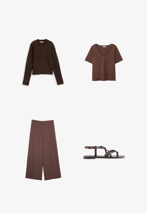 Cardigan marrone a coste con scollatura rotonda, maniche lunghe e cinque bottoni sulla parte anteriore. Texture morbida e design corto.; T-shirt in cotone marrone con maniche corte e scollo a V profondo. Design semplice, texture morbida e orlo dritto. Senza fantasie o dettagli.; Pantaloni ampi marroni con una texture liscia, caratterizzati da una vita alta e pieghe frontali. Il tessuto è leggero e scorre liberamente.; Sandal in pelle marrone con cinturini incrociati, chiusura con cinturino alla caviglia e suola piatta con dettagli di cucitura minimi.