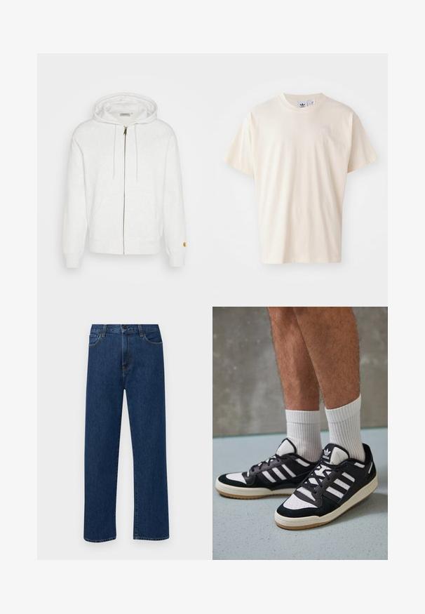 Corta-vento branco com fecho éclair, feito de tecido macio, apresentando capuz, bolsos frontais e punhos canelados. Detalhes em dourado perto do fecho.; T-shirt de algodão creme com decote redondo e mangas curtas; apresenta um pequeno logotipo de cor clara no peito.; Jeans de denim azul escuro, de perna reta, com bolsos frontais e fecho de botão, exibidos sobre um fundo branco liso.; Ténis em preto e branco com upper em camurça e couro, apresentando três riscas brancas, um toe perfurado e uma sola em borracha de goma.