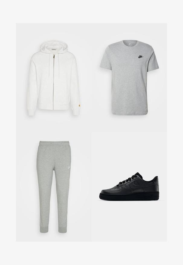 Balta kapuceņu džemperis ar rāvējslēdzēju, izgatavots no mīkstas auduma, ar kapuci, priekšējām kabatām un ribu aprocēm. Zelta detaļu elementi ap rāvējslēdzēju.; Pelēka īsām piedurknēm T-kreklā, kas izgatavots no kokvilnas, ar melnu Nike logotipu uz krūtīm un apaļu dekoltē. Minimalistiska dizaina bez rakstiem.; Pelēkas sporta bikses, izgatavotas no mīkstas auduma, ar pieguļošiem kāju galiem, elastīgu jostasvietu un mazu baltu Nike logo kreisajā augšstilbā.; Melni Nike Air Force 1 apavi ar gludu ādas virsu, perforētu purngalu gaisa caurlaidībai, melnām šņorēm un teksturētu gumijas zoli.