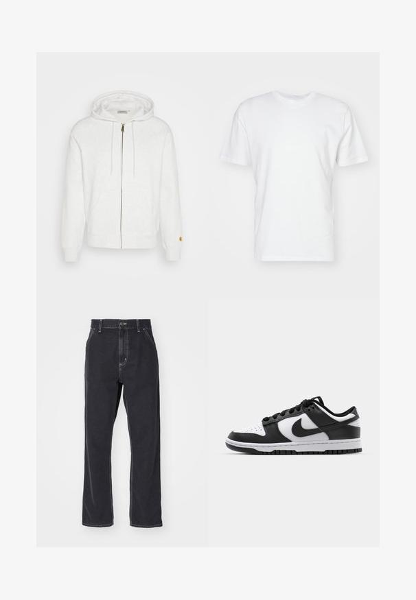 Bijela dukserica na patent zatvarač od mekanog materijala, s kapuljačom, prednjim džepovima i rebrastim manžetama. Zlatni detalji oko patent zatvarača.; Bijela pamučna majica s kratkim rukavima, okruglim izrezom i glatkom teksturom. Jednostavan dizajn bez uzoraka ili grafika.; Crne traperice s ravnim krojem, s patentnim zatvaračem, pet džepova i kontrastnim šavovima.; Crno-bijeli Nike Dunk tenisice s kožnom gornjom površinom, perforiranim prstom, crnim vezicama i crnom gumenom potplatom s dizajnom rebrastog uzorka.