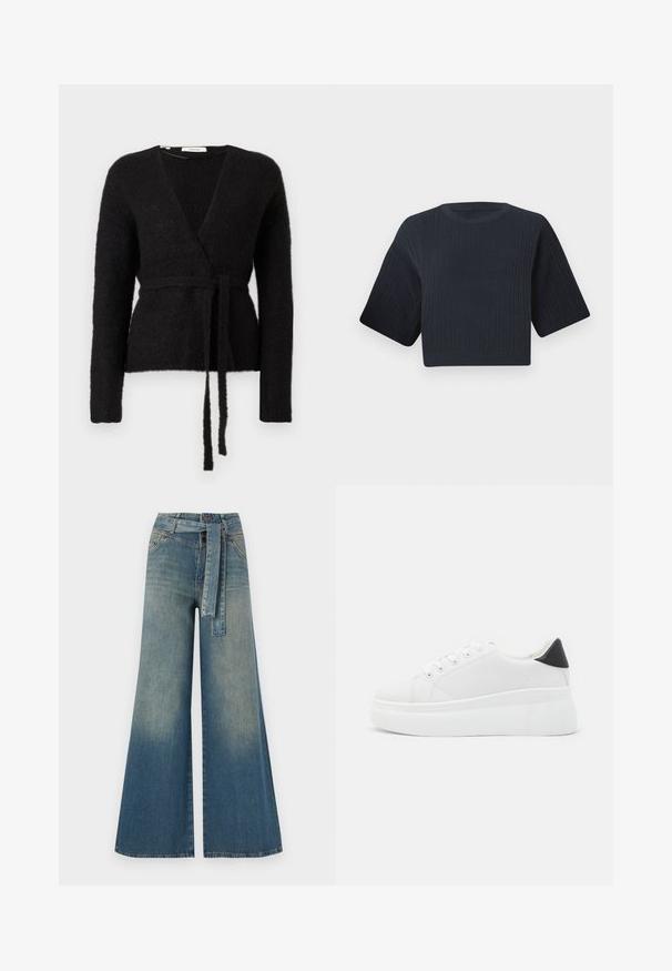 Svart, fluffy strikket omslagskjole med lange ermer og et matchende belte knyttet i midjen, vist mot en hvit bakgrunn.; Mørk marineblå cropped strikkegenser med ribbet tekstur, korte vide ermer og rund hals. Enkel design, ingen synlige mønstre eller detaljer.; Bredde ben jeans med en lyseblå til mørkeblå gradient, høyt liv, beltehemper og et matchende belte i samme stoff. Teksturert denimoverflate.; Hvite plattform sneakers laget av glatt syntetisk materiale, med rund tå, snøring og en strukturert gummisåle. Svart hæl akcent.