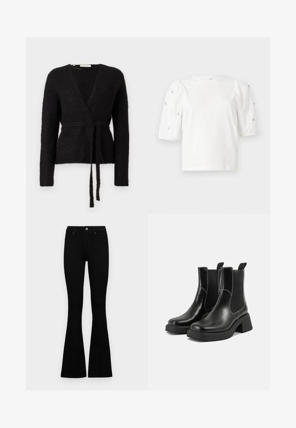 Fekete bolyhos kötött kardigán hosszú ujjakkal és derékban megkötött egyező övvel, fehér háttér előtt bemutatva.; Fehér pamut póló rövid puffos ujjakkal, a ujjain kicsi ezüst díszítések találhatók. Klasszikus kerek nyakú, laza fazonú.; Fekete, magas derekú farmernadrág gomb- és cipzárzárral, elülső zsebekkel és harangszárral, laposan egy fehér háttérre terítve.; Fekete bőr Chelsea csizmák masszív sarkakkal, rugalmas oldalsó panelekkel és kontrasztos fehér varrással. Texturált felület.