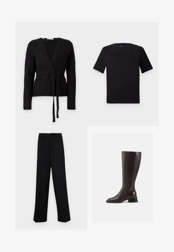 Black fuzzy knit wrap cardigan with long sleeves and a matching belt tied at the waist, displayed on a white background.; Black short-sleeve t-shirt with a round neckline, crafted from soft cotton fabric. Simple design, no visible logos or patterns.; Black wide-leg trousers made of smooth fabric, featuring a classic waistband with a button closure and front pleats.; Knee-high brown leather boots with a smooth finish, rounded toe, and a stacked black heel. Simple design with minimal hardware details.