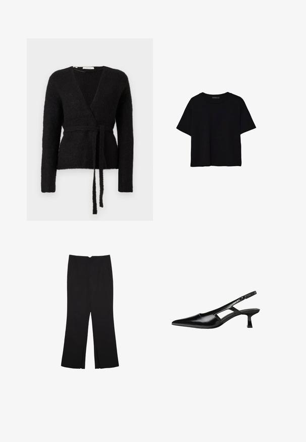 Černý chlupatý pletený cardigan s dlouhými rukávy a odpovídajícím páskem uvázaným v pase, vystavený na bílém pozadí.; Černé krátké tričko s krátkým rukávem a kulatým výstřihem, jednoduchý design, položeno na bílém pozadí.; Černé kalhoty s rovným střihem, s předními kapsami a bočními rozparky na lemu. Vyrobené z jemné, hladké tkaniny. Vhodné na různé příležitosti.; Černé lakované lodičky na podpatku se špičatou špičkou, výřezovým designem na boku a malým čtvercovým podpatkem. Hladká textura s minimálními akcenty.