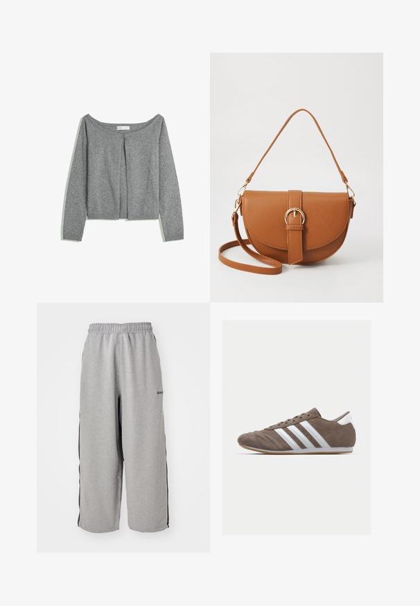 Sivý pletený kardigán s dlhým rukávom, okrúhlym výstrihom a jedným tlačidlom na hornom prednom okraji, položený rovno na bielom pozadí.; Biely crop top na jedno rameno vyrobený z textúrovanej pleteniny. Obsahuje jeden popruh a rovný lem, s jemným rebrovaným detailom.; Sivé tepláky vyrobené z mäkkého materiálu, s elastickým pásom, skrátenou dĺžkou a čiernymi bočnými pruhmi pre kontrast.; Hnedé semišové športové topánky s bielymi pruhmi, okrúhly špičkový dizajn, šnurovacie zapínanie a gumená podrážka. Texturovaný zvršok s detailmi šitia.; Hnedá kožená kabelka cez telo s zakriveným tvarom, zlatými kovovými doplnkami a akcentom s prackou. Obsahuje odnímateľný ramenný popruh.
