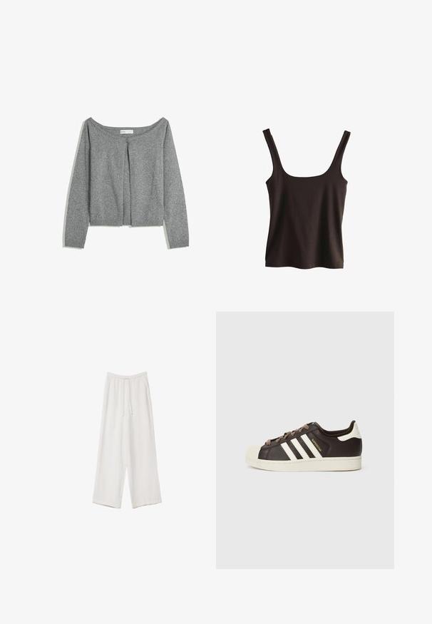 Grauer langärmeliger Strickcardigan mit Rundhalsausschnitt und einem Knopfverschluss an der oberen Vorderseite, flach auf weißem Hintergrund ausgelegt.; Schwarzes Tanktop mit breiten Trägern, quadratischem Ausschnitt und einem glatten, figurbetonten Design. Hergestellt aus weichem, elastischem Stoff.; Weiße weit geschnittene Hose aus leichtem Stoff. Mit einem elastischen Bund und Kordelzug sowie Seitentaschen. Glatte Textur.; Low-Top Adidas Superstar Sneaker aus dunkelbraunem Leder mit cremefarbener Schale an der Spitze, weißen Streifen und dem Schriftzug "Superstar" an der Seite.