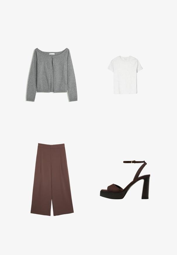 Šedý pletený kardigan s dlouhými rukávy a kulatým výstřihem, s jedním knoflíkem na horní části předního dílu, položený na bílém pozadí.; Svetle šedé tričko s krátkým rukávem vyrobené z měkké látky. Kulatý výstřih, volný střih, bez viditelných vzorů nebo akcentů, jednoduchý design.; Hnědé široké kalhoty s hladkou texturou, vysokým pasem a předními záhyby. Materiál je lehký a volně splývá.; Hnědé semišové sandály na vysokém podpatku s otevřenou špičkou, nastavitelným páskem kolem kotníku a proužkovou platformou.