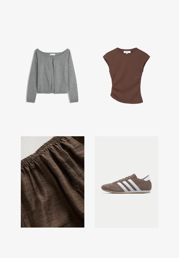 Harmaa pitkähihainen neuletakkia, jossa on pyöreä pääntie ja yksittäinen napitus ylhäällä edessä, asetettuna tasaiselle valkoiselle taustalle.; Ruskea ribbipintainen lyhythihainen paita, jossa on hieman kaareva helma. Pehmeä rakenne ja rento istuvuus, jossa on pyöreä pääntie ja vähäiset saumat.; Ruskea elastisointinen vyötärönauha, jossa on teksturoitu kangas, pehmeät, ryppyiset taitokset ja rikas, maapintamainen sävy. Sopii arkikäyttöön.; Ruskea mokkaboots-urheilujalkine, jossa on valkoiset raidat, pyöreä kärki, nauhakiinnitys ja kumipohja. Teksturoitu päällinen, jossa on ompelutiedot.