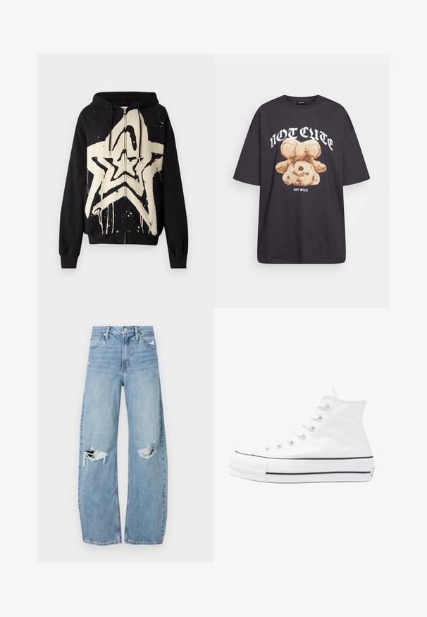 Czarna bluza z kapturem na zamek przyozdobiona dużą kremową gwiazdą z efektem spływającej farby. Teksturowany materiał, długie rękawy i kaptur ze sznurkiem.; Czarny, oversize t-shirt z grafiką niedźwiedzia i napisem „NIE UROCZY, ALE DZIKI” w grubej, białej czcionce. Materiał bawełniany.; Jasnoniebieskie, wysokiej talii dżinsy wykonane z denimu. Posiadają szerokie nogawki, dwa podarte miejsca na kolanach oraz klasyczne pięć kieszeni.; Białe wysokie trampki z płótna z czarną gumową podeszwą, przednim czubkiem z gumy i sześcioma dziurkami na sznurowadła, charakteryzujące się prostym, minimalistycznym designem.