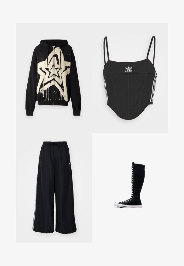 Fekete zipzáras kapucnis pulóver nagy krémszínű csillag grafikával, amely csepegő festék hatású. Texturált anyag, hosszú ujjakkal és zsinóros kapucnival.; Fekete bordás crop top állítható vékony pántokkal, három fehér csíkkal az oldalán és egy kis fehér Adidas logóval a közepén.; Fekete, bő szabású nadrág, könnyű anyagból készült. Rugalmas derékkal, zsinórral és fehér oldalcsíkokkal rendelkezik. Márkalogó a csípőn.; Fekete magasszárú tornacipők, magas kialakítással, vászonból készült. Fehér fűzőkkel, varrással és gumitalppal rendelkezik, melynek elülső része meg van erősítve.