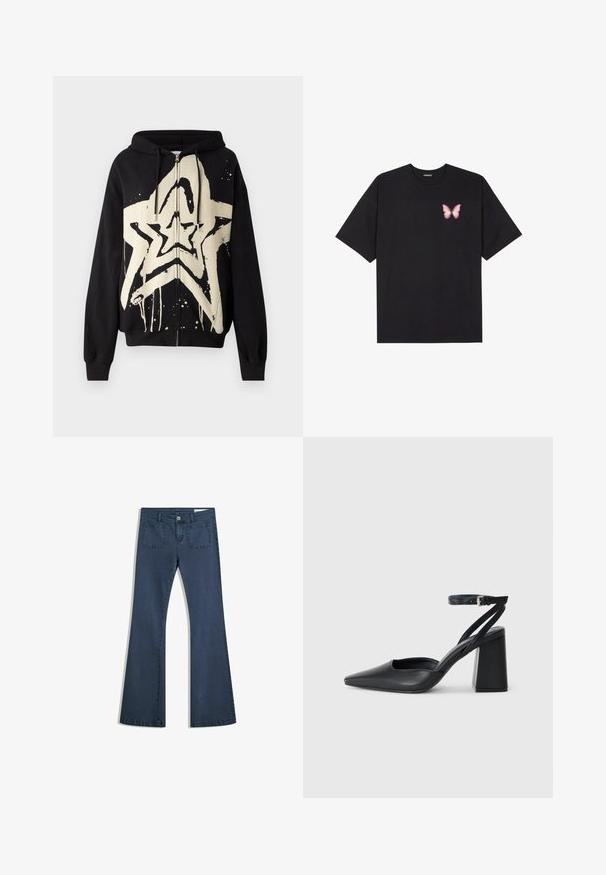Černá mikina na zip má velký krémový hvězdný grafický motiv s efektem kapající barvy. Texturovaná tkanina s dlouhými rukávy a kapucí na šňůrku.; Černé bavlněné tričko s krátkým rukávem, na levém prsou s malou grafikou růžové motýlky. Design s kruhovým výstřihem a volným střihem.; Tmavě modré rozšířené džíny z denimu s prošitými kapsami, zapínáním na knoflík a hladkým povrchem. Obsahují klasický design s pěti kapsami.; Černé kožené lodičky se špičatou špičkou, kotníkovým páskem a silným podpatkem. Hladká textura, elegantní design a minimalistická estetika.