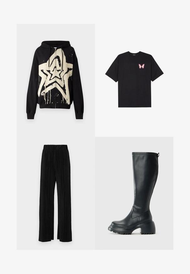 O moletom preto com fecho éclair apresenta um grande gráfico de estrela creme com efeito de tinta a escorrer. Tecido texturizado com mangas longas e capuz com cordão.; T-shirt de algodão preto com mangas curtas, apresentando um pequeno gráfico de borboleta rosa no lado esquerdo do peito. Design de gola redonda com um corte solto.; Calças pregueadas pretas com uma cintura elástica. Apresentam pernas largas e um tecido liso, texturizado com riscas verticais.; Bota preta de couro alta com sola de plataforma robusta e salto bloco, apresentando puxador e padrão texturizado na sola.