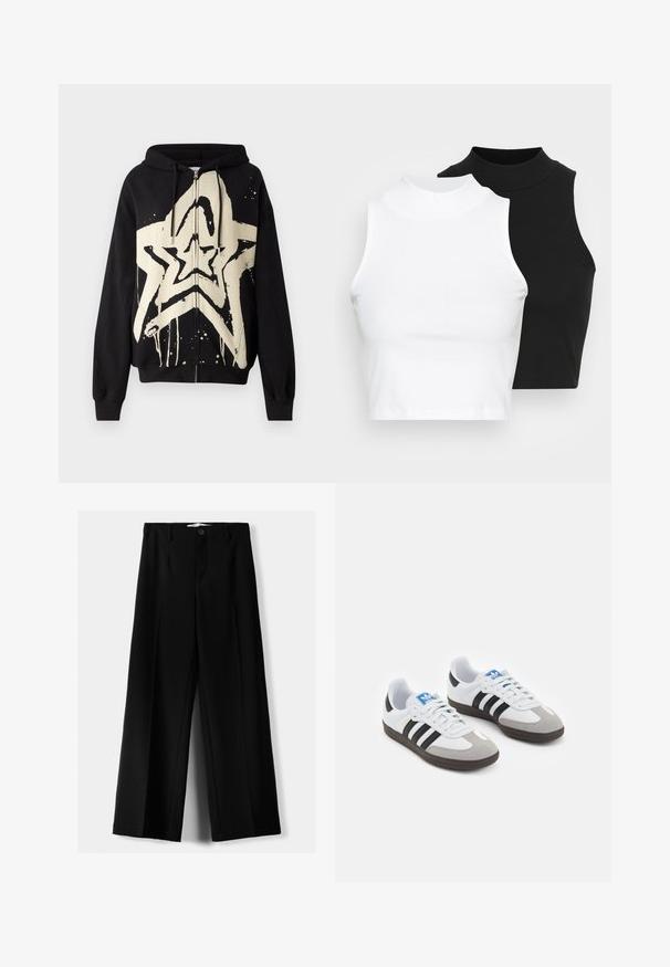 Hanorac negru cu fermoar, decorat cu o grafică mare în formă de stea crem, cu efect de vopsea care curge. Material texturat, cu mâneci lungi și glugă cu șnur.; Două bluze fără mâneci, cu guler înalt, în culorile negru și alb, având un design ajustat și o textură netedă, cu o lungime scurtă.; Pantaloni negri cu picior larg, fabricați dintr-un material ușor, cu închidere frontală cu nasture și față plată, având tivuri cusute cu atenție.; Încălțăminte sport cu un superior din piele albă, vârf din suede gri și trei dungi negre. Prezintă un logo albastru pe limbă și o talpă din cauciuc texturat.