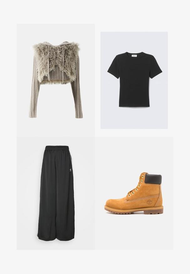 Jaded London MONGOLIAN SHRUG - Kofta - beige; Svart kortärmad T-shirt i mjuk bomull med rund halsringning och normal passform, utan synliga mönster eller detaljer.; Svarta lösa träningsbyxor i mjukt tyg. Har en elastisk midja och sidoflikar med logodetaljer.; Brun läderankelboot med svart vaddering, gyllene öglor och en texturerad sula. Har en cirkulär logotyp på sidan och sömnadsdetaljer.