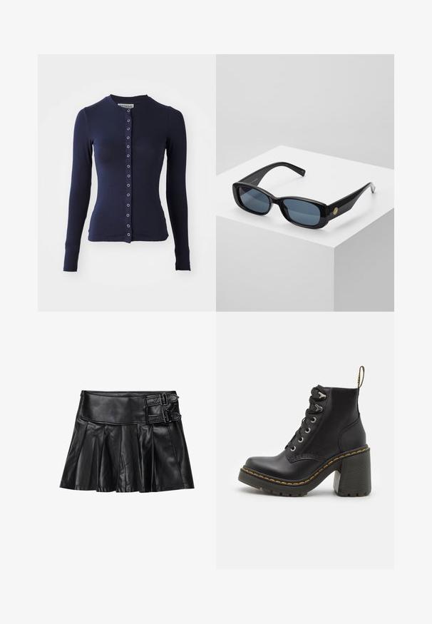 Tengerészes, hosszú ujjú kardigán, kerek nyakkivágással, testhezálló fazonnal és elülső gombos záródással, fémes részletekkel. Puha, textúrált anyag.; Fehér, hosszú ujjú, gombos ing, strukturált gallérral és lekerekített aljjal. Zökkenőmentes, egyszínű anyagból készült, látható minták vagy díszítések nélkül.; Fekete bőrnadrág redőkkel, széles derékrésszel és két csattal az oldalon. Sima textúra fényes felülettel.; Fekete bőr bokacsizma, telitalpú, csipkés elülső résszel, fém szemekkel és sárga varrással a talpon. Texturált gumi talp.; Fekete, téglalap alakú napszemüveg kék árnyalatú lencsékkel, vastag kerettel és arany kör alakú díszítéssel az oldalon. Simaságot és fényességet sugárzó külső.