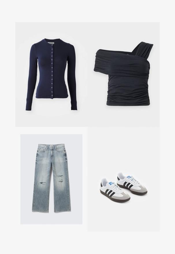Cardigan lung cu maneci lungi de culoare bleumarin, cu decolteu rotund, formă ajustată și închidere frontală cu nasturi, având accente metalice. Material moale, texturat.; Top negru, cu umeri golași, fabricat dintr-un material moale și elastic, având detalii plissate și un design cu bretele late pe o parte.; Jeans din denim bleu deschis, cu picioare largi, detalii distruse, margini desfăcute și un finisaj estompat. Prezintă buzunare frontale și un talie clasică.; Încălțăminte sport cu un superior din piele albă, vârf din suede gri și trei dungi negre. Prezintă un logo albastru pe limbă și o talpă din cauciuc texturat.