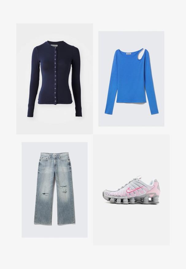 Tumesinine pika varrukaga kardigan, ümmarguse kaelusega, keha lähedal istuv ning esiosa nööpide sulgemisega, millel on metallikaktsendid. Pehme, tekstuuriga kangas.; Sinine pikkade varrukatega topp ümmarguse kaelusega ja ainulaadse asümmeetrilise lõikega paremal õlal, laotatud tasasele valgele taustale.; Heledad sinised laiad teksapüksid, millel on kulumiskohad, kärbitud servad ja pleekinud viimistlus. Omab eesmine taskut ja klassikalist vööd.; Nike spordijalatsid valges ja helesinises. Omaduseks on võrgust ülemine osa ja iseloomulik kõver põhi nähtava õhukottidega.