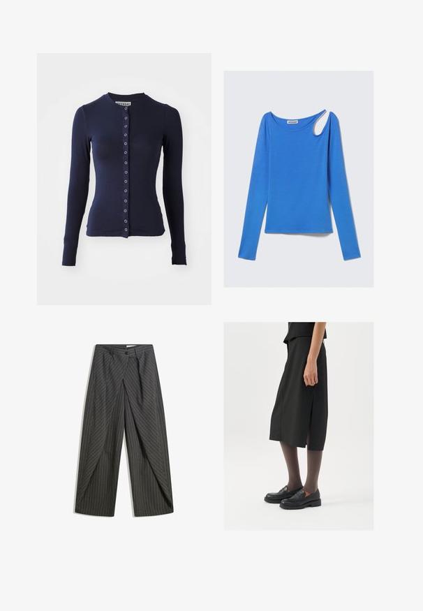 Cardigan lungo blu navy a maniche lunghe con scollatura rotonda, forma aderente e chiusura frontale con bottoni caratterizzati da accenti metallici. Tessuto morbido e testurizzato.; Maglietta blu a maniche lunghe con scollatura rotonda e un taglio asimmetrico unico sulla spalla destra, sdraiata su uno sfondo bianco.; Pantaloni grigi a righe con una vestibilità rilassata, dotati di chiusura con un solo bottone, pieghe e design a gamba larga.; Gonna nera alla lunghezza del ginocchio con spacco laterale, abbinata a mocassini neri e collant trasparenti marroni, caratterizzata da un tessuto liscio e un design semplice.