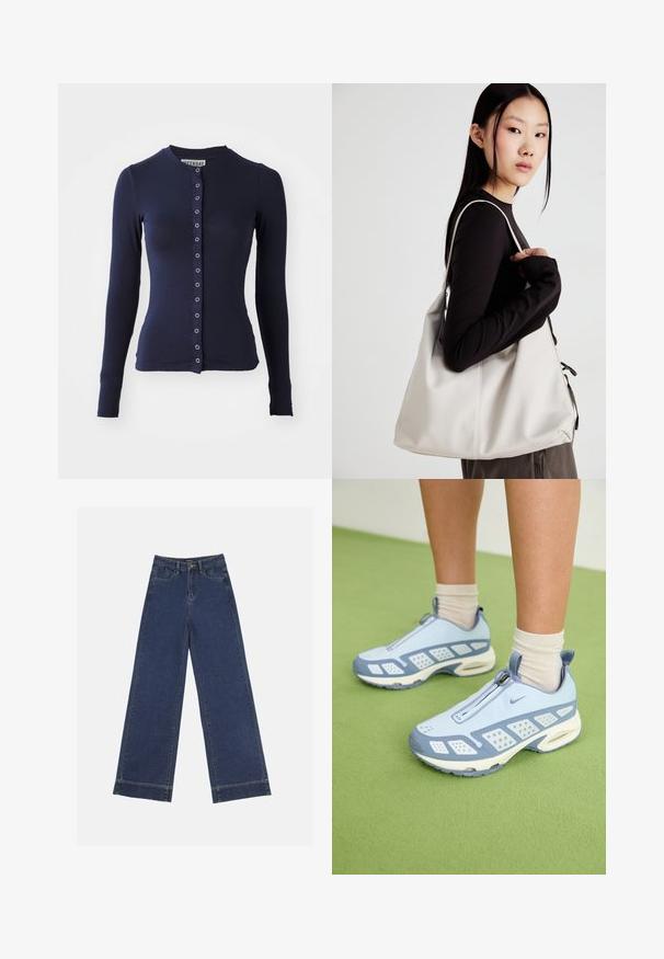 Cárdigan de manga larga azul marino con cuello redondo, forma ajustada y cierre frontal de botones con acentos metálicos. Tejido suave y textura.; Conjunto de dos camisetas de manga larga en blanco y negro. Textura acanalada, cuello redondo, diseño ajustado con mangas ligeramente acampanadas.; Jeans de pierna ancha en denim azul oscuro. Presenta cinco bolsillos, trabillas para cinturón y un dobladillo sin acabados en la parte inferior con detalles de costura visibles.; Zapatos deportivos azul claro con acentos blancos, paneles texturizados y cierre de cremallera. Presentan una suela con amortiguación de aire visible y suela de goma.; Bolso de mano beige hecho de material suave, con un diseño holgado, detalles cosidos y dos asas. Adecuado para uso diario.