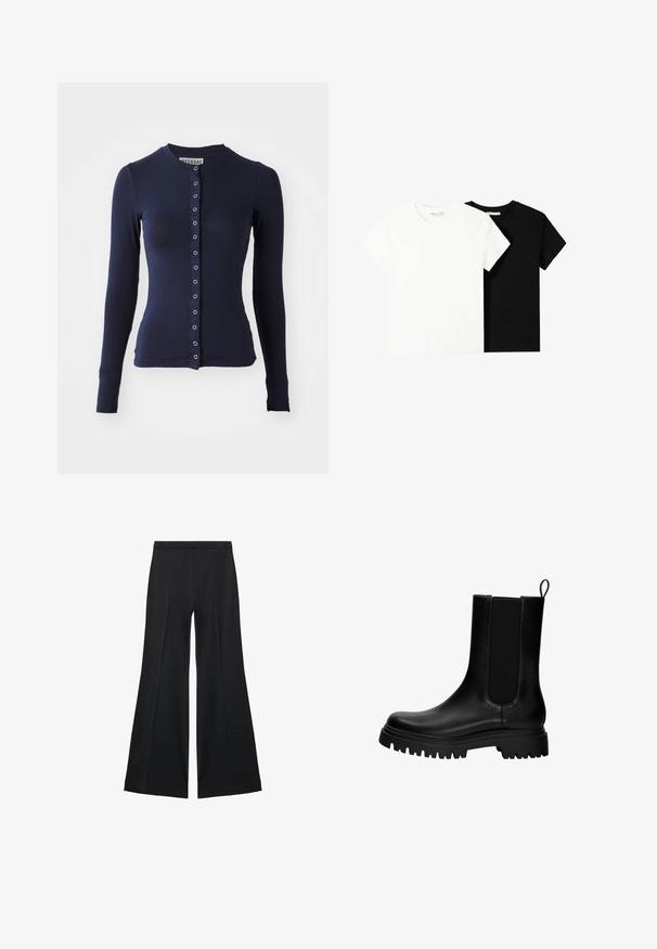 Marineblauwe cardigan met lange mouwen, ronde halslijn, en aansluitende pasvorm met een voorkantsluiting met knopen en metalen accenten. Zachte, gestructureerde stof.; Twee t-shirts met korte mouwen, één wit en één zwart, gemaakt van katoen. Beide hebben een ronde halslijn en een eenvoudig, klassiek ontwerp.; Zwarte wijde-pijpen broek met een gladde textuur, gekenmerkt door voorplooien en een op maat gemaakte uitstraling. De stof is lichtgewicht en vloeiend.; Zwarte leren enkellaars met elastische zijpanelen, een lipje om aan te trekken en een dikke, robuuste zool. Glad oppervlak met een modern ontwerp.