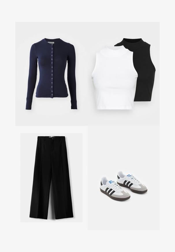 Marineblaue langärmelige Strickjacke mit Rundhalsausschnitt, taillierter Form und vorderem Knopfverschluss mit metallischen Akzenten. Weicher, strukturierter Stoff.; Zwei ärmellose, gerippte Rollkragenoberteile in Schwarz und Weiß, mit einer figurbetonten Passform und glatter Textur sowie einer cropped Länge.; Schwarze weite Hosen aus leichtem Stoff, mit einem Knopfverschluss vorne und flachem Bund, mit sorgfältig genähten Säumen.; Sportschuhe mit einem Obermaterial aus weißem Leder, grauer Wildleder-Zehenkappe und drei schwarzen Streifen. Sie verfügen über ein blaues Logo auf der Zunge und eine strukturierte Gummisohle.