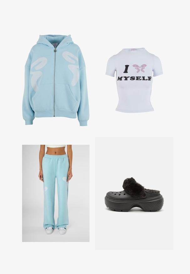 Lyse blå hettegenser med glidelås laget av mykt stoff, med et stort hvitt grafisk design på fronten, kengurulommer og ribbestrikkede mansjetter.; Hvit t-skjorte med korte ermer som har svart tekst "I" og "MYSELF" med et rosa sommerfugl-design laget av rhinestones. Formsydd silhuett.; Lys blå joggebukser med en avslappet passform, med et hvitt abstrakt design på hvert lår og en elastisk midje.; Svarte tresko med en myk, lodden overdel, med perforeringer på forsiden og en teksturert hæl for bedre grep. Lett og enkel å ta på.