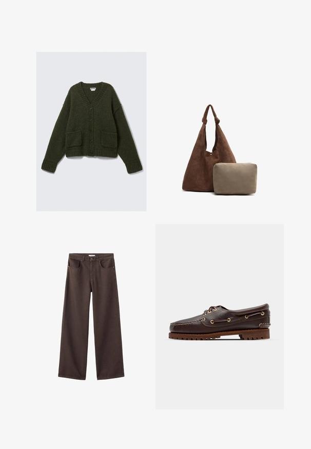 Cardigan verde scuro con scollo a V, sei bottoni neri, due tasche frontali e polsini e orlo a coste, realizzato in un materiale morbido e testurizzato.; Camicia di flanella a quadri nei colori blu navy, crema e beige. Caratterizzata da un colletto, chiusura con bottoni, maniche lunghe e una singola tasca sul petto. Texture morbida.; Pantaloni in denim a gamba larga di colore marrone scuro, con tasche frontali, vita standard e design classico a cinque tasche. Tessuto morbido e resistente.; Scarpa da barca in pelle marrone con occhielli dorati, lacci tondi e una suola in gomma marrone texturizzata. Presenta dettagli cuciti e un logo in rilievo.; Borsa a spalla in suede marrone con una tracolla annodata, dotata di una piccola pochette beige con cerniera. La borsa ha una texture morbida e un design semplice.