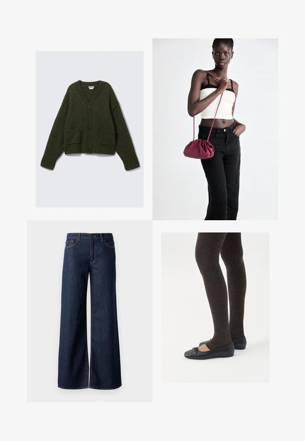 Cardigan verde închis cu decolteu în V, șase nasturi negri, două buzunare frontale și manșete și tiv cu țesătură texturată, confecționat dintr-un material moale.; Cămașă cu mâneci lungi, de culoare albastru marin, cu dungi orizontale maro și guler rotund, expusă pe un fundal alb.; Jeanși cu picioare largi din denim albastru închis. Prezintă cusături contrastante, cinci buzunare și o închidere cu nasture la talie. Textură netedă.; Pantofi negri cu un detaliu mic de fundiță la vârf, asortați cu colanți maro închis, cu textură ondulată. Pantofii au o textură netedă și un profil joase.; Geantă dintr-un material moale de culoare burgundă, cu un design plisat și o curea lungă, purtată pe umăr. Modelul poartă un top alb scurt și blugi negri.