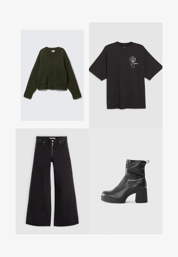 Tamsiai žalia kardiganas su V formos iškirpte, šešiais juodais mygtukais, dviem priekiniais kišenėmis ir raštuotomis rankogaliais bei apačia, pagamintas iš minkštos, tekstūruotos medžiagos.; Juodas medvilninis marškinėliai su trumpomis rankovėmis, su ranka grafika ir tekstu "Levi's LA LUNE" balta spalva kairėje krūtinės pusėje.; Plačios kojų džinsai iš juodo džinsinio audinio su užtrauktuku priekyje, penkių kišenių dizainu ir subtiliais siuvinėjimo akcentais. Lygus paviršius ir laisvalaikio stilius.; Juodos kulkšninių botai, pagaminti iš lygaus odos, su šoniniu užtrauktuku, masyviu tekstūruotu kulnu ir apvaliu pirštu.