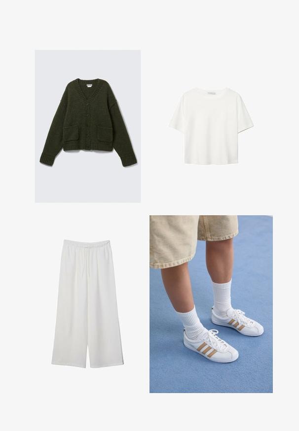 Mörkgrön cardigan med V-hals, sex svarta knappar, två framfickor och ribbade ärmslut och nederkant, tillverkad av ett mjukt, texturerat material.; Vit t-shirt med kort ärm i bomull. Har en rundad halsringning och en avslappnad passform. Slät textur utan synliga mönster eller detaljer.; Vita vida byxor i lätt tyg med elastisk midja och dragsko för justerbar passform. Mjuk textur.; Vita sneakers med tre guldstrimlor, snörningsdesign, gummisula, bärs med ribbade vita strumpor och beige shorts på en blå yta.