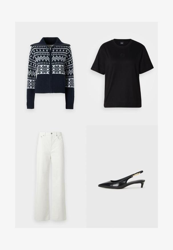 Marineblå zip-up tröja med vita geometriska mönster, ribbade muddar och nederkant, strukturerad kragsdesign, stickad textur och figursydd form.; Svart bomullströja med rund halsringning, korta ärmar och en broderad logotyp på bröstet. Enkel, avslappnad passform utan mönster.; Samsøe Samsøe SHELLY - Jeans relaxed fit - clear cream; Svart läder slingback-hälar med spetsig tå, med en smal klack och en guldtonad detalj på den justerbara remmen. Slät textur.