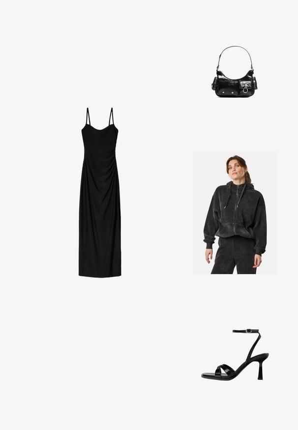 Schwarze Cord-Collegejacke mit entspannter Passform, gerippter Textur, Kordelzugkapuze und vorderen Taschen, kombiniert mit passenden Hosen.; Schwarzes Midi-Kleid mit dünnen verstellbaren Trägern, das ein drapiertes Design und eine glatte Textur aufweist. Keine sichtbaren Muster oder Verzierungen.; Schwarze, geschnürte Sandalette mit Absatz und quadratischer Zehenpartie. Verfügt über einen dünnen Knöchelriemen, glänzendes Leder und einen Stöckelabsatz.; Schwarze Lackleder-Handtasche mit geschwungenem Design, einem Schulterriemen, Vordertaschen und silberfarbenen Hardware-Akzenten.