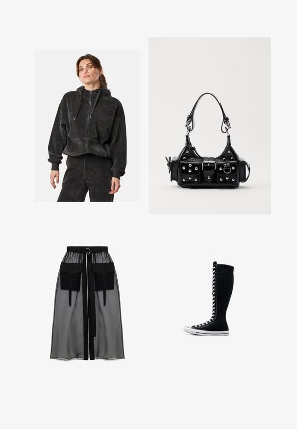 Felpa nera in corduroy con zip, dal taglio comodo, con texture a coste, cappuccio regolabile e tasche frontali, abbinata a pantaloni coordinati.; Crop top nero a maniche lunghe con collo alto, pannello in rete trasparente in vita e cuciture strutturate per un design aderente.; Gonna nera trasparente con una vita arricciata, dotata di due ampie tasche frontali, un laccetto in vita e un ornamento metallico circolare.; Sneakers nere alte con un design slanciato, realizzate in tela. Presentano lacci bianchi, cuciture e una suola in gomma con punta rinforzata.; Borsa a mano in pelle nera con design curvo, caratterizzata da borchie argentate, una fibbia e due tasche laterali. Tracolla regolabile per diverse opzioni di trasporto.